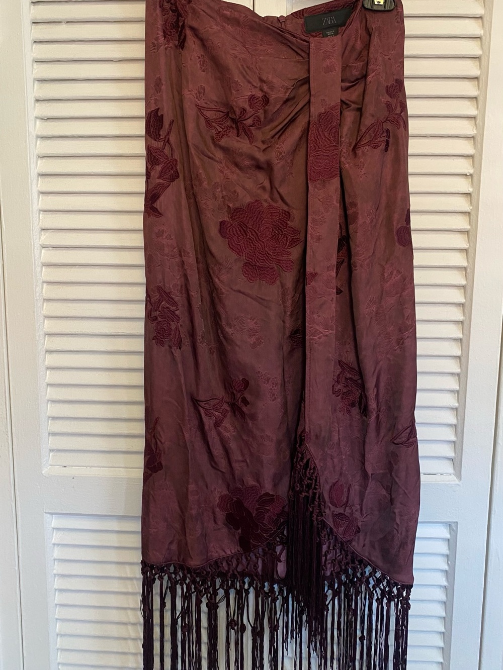 Zara Burgundy Floral Jacquard Maxi Skirt with Fringe